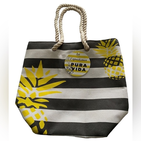 NWT PURA VIDA Pineapple “Glam Orama” Grey & White Striped Tote Bag - Picture 1 of 3